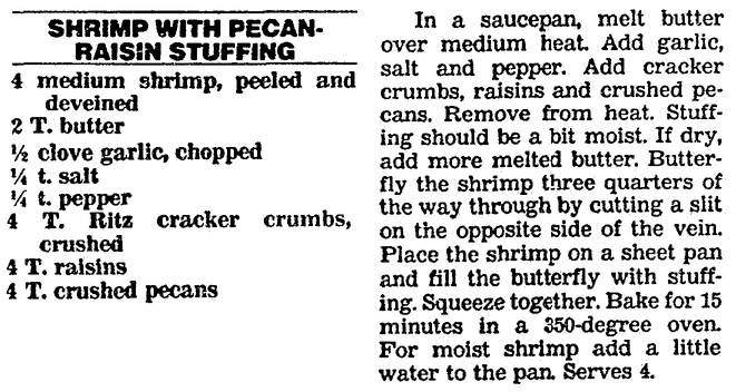 A recipe for Stuffed Shrimp appetizer, Boston Herald newspaper article 25 November 1991