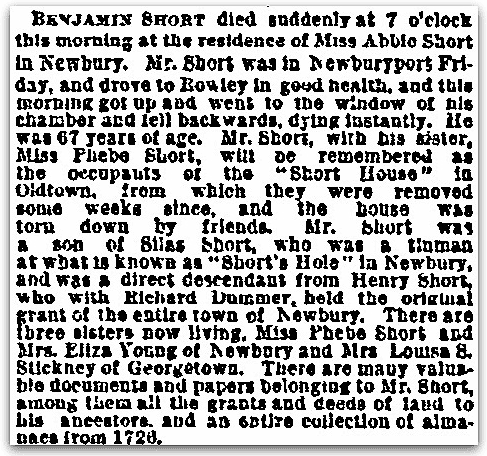 An obituary for Benjamin Short, Boston Journal newspaper article 23 February 1884