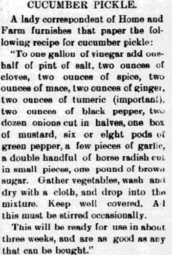 A recipe for cucumber pickles, Daily Herald newspaper article 21 June 1902