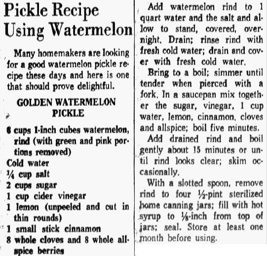 A pickled watermelon recipe, Dallas Morning News newspaper article 24 August 1961