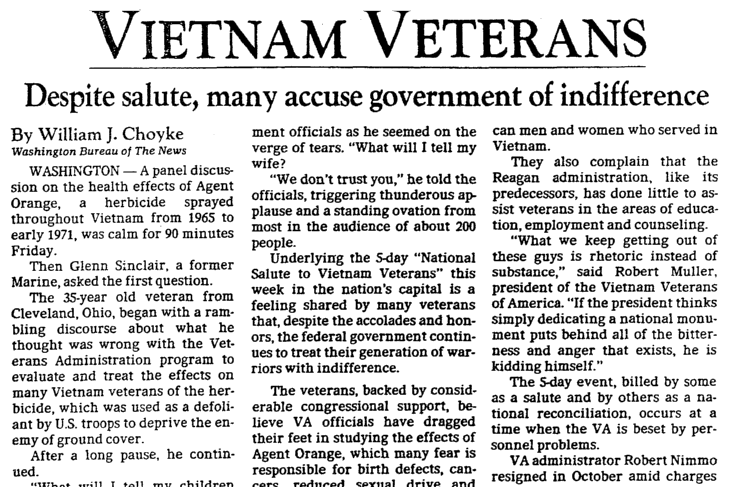 An article about the Vietnam Veterans Memorial, Dallas Morning News newspaper article 13 November 1982