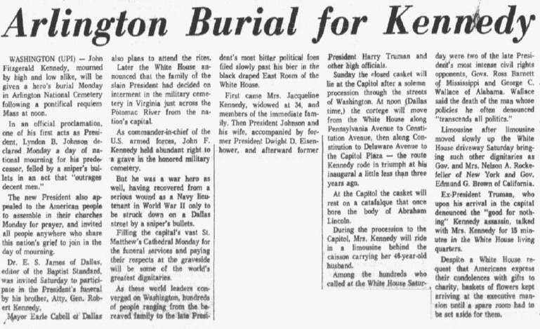 An article about the burial of President John F. Kennedy, Dallas Morning News newspaper article 24 November 1963