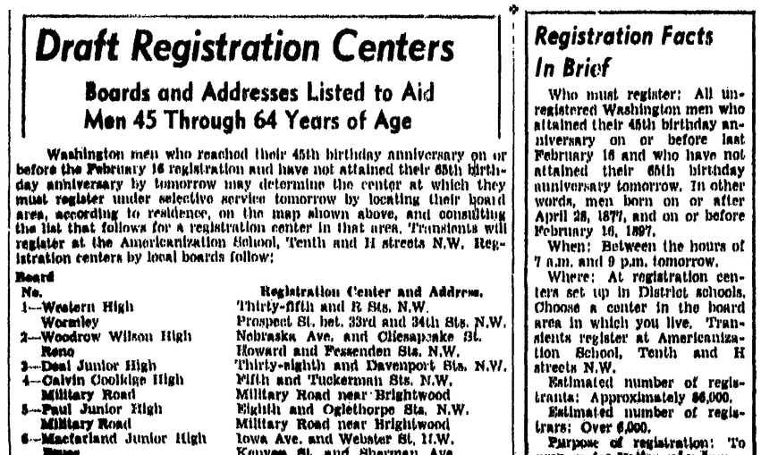 An article about draft registration for World War II, Evening Star newspaper article 26 April 1942