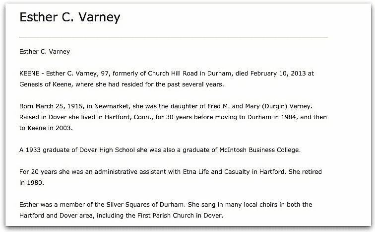 An obituary for Esther Varney, Foster’s Daily Democrat newspaper article 3 November 2017