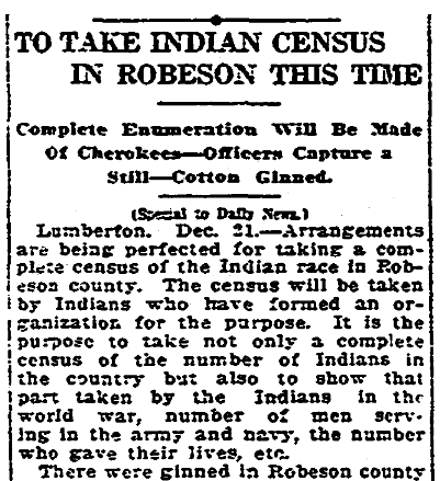 An article about a census of Native Americans, Greensboro Daily News newspaper article 22 December 1919