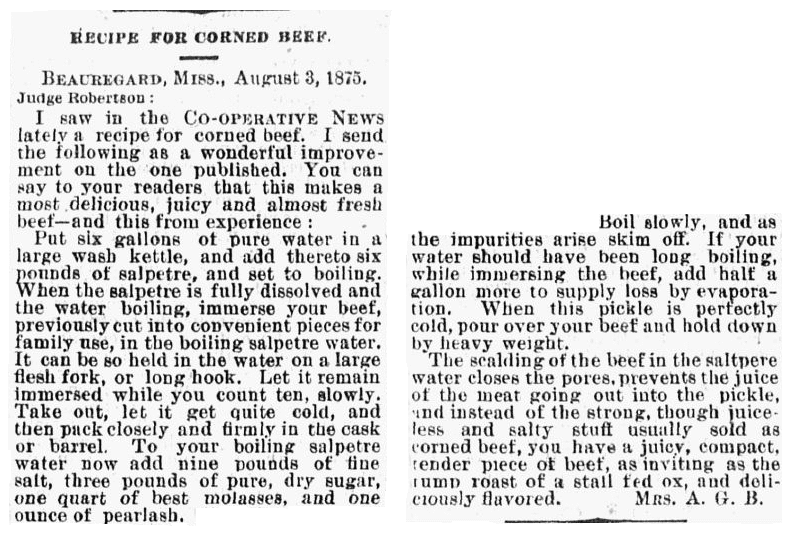A corned beef recipe, New Orleans Times newspaper article 7 August 1875