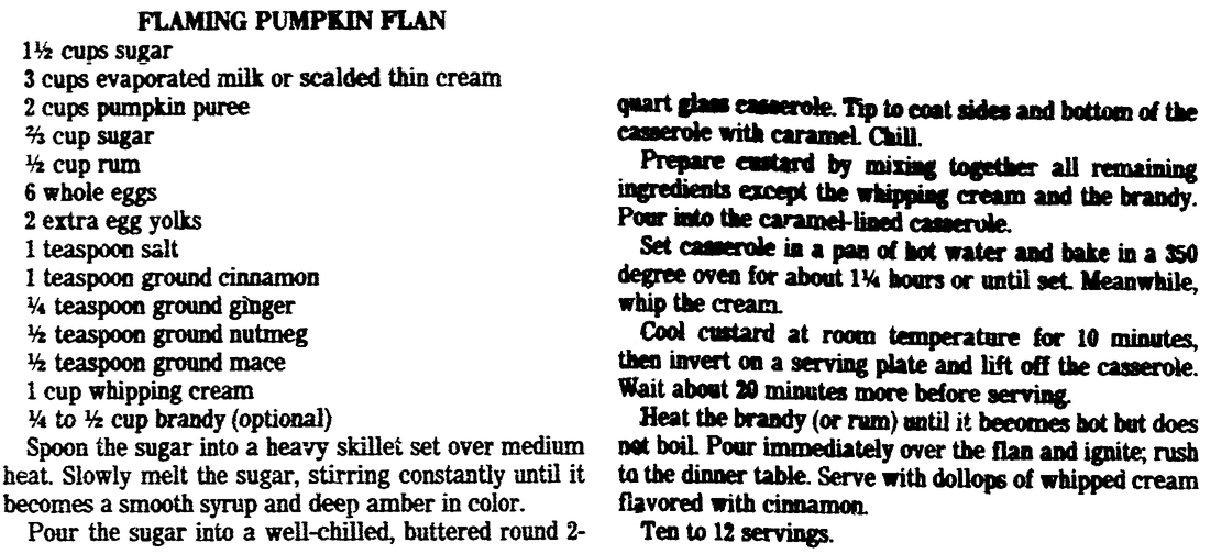 A Pumpkin Flan recipe, San Diego Union newspaper article 21 November 1983