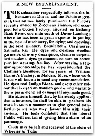 An article about the Hanson Factory in New Hampshire, Sun newspaper article 26 September 1820