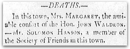 An obituary for Solomon Hanson, Sun newspaper article 5 October 1805