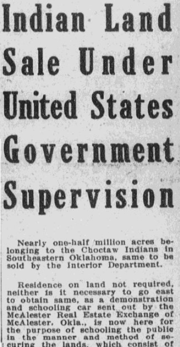 An article about the sale of Native American land, Tucson Daily Citizen newspaper article 18 August 1917