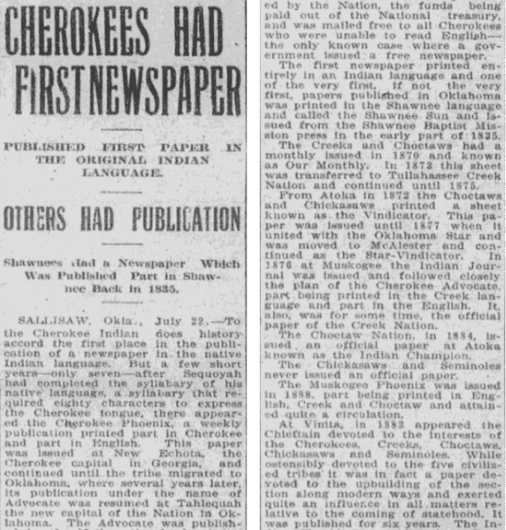 An article about the Cherokee Phoenix newspaper, Tulsa World newspaper article 23 July 1913