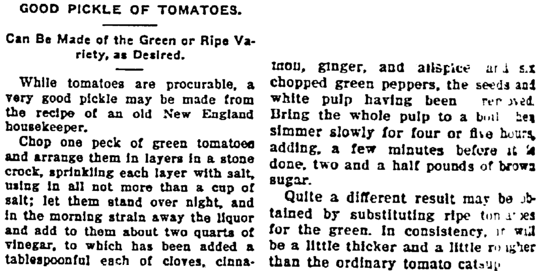 A pickled tomatoes recipe, Washington Bee newspaper article 28 December 1907