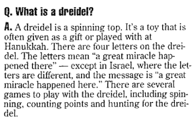 An article about the Hanukkah dreidel, Aberdeen Daily News newspaper article 23 May 1996