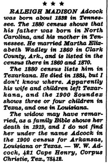 An article about the Adcock family Bible, Arkansas Gazette newspaper article 1 June 1982