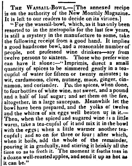 A recipe for wassail, Atlas; or Literary, Historical and Commercial Reporter newspaper article 14 March 1829