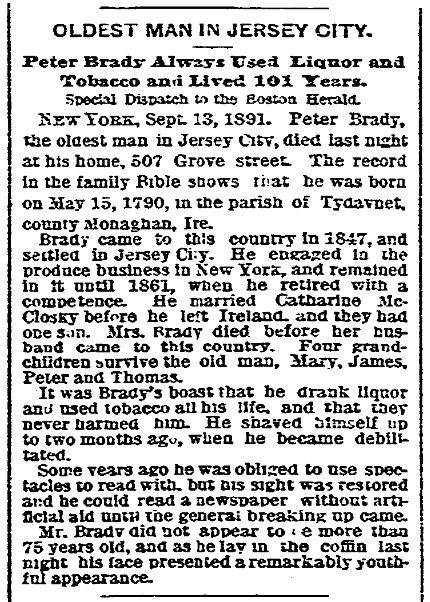 An obituary for Peter Brady, Boston Herald newspaper article 14 September 1891