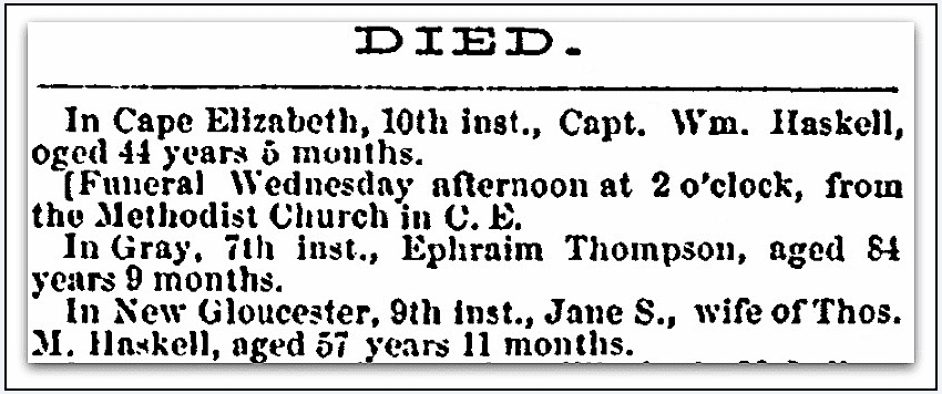 An obituary for Jane Haskell, Daily Eastern Argus newspaper article 10 October 1864