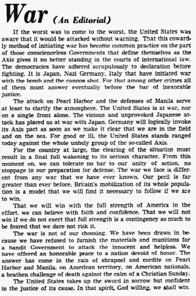 An editorial about the Japanese attack on Pearl Harbor, Dallas Morning News newspaper article 8 December 1941
