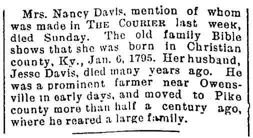 An obituary for Nancy Davis, Evansville Courier and Press newspaper article 18 January 1896