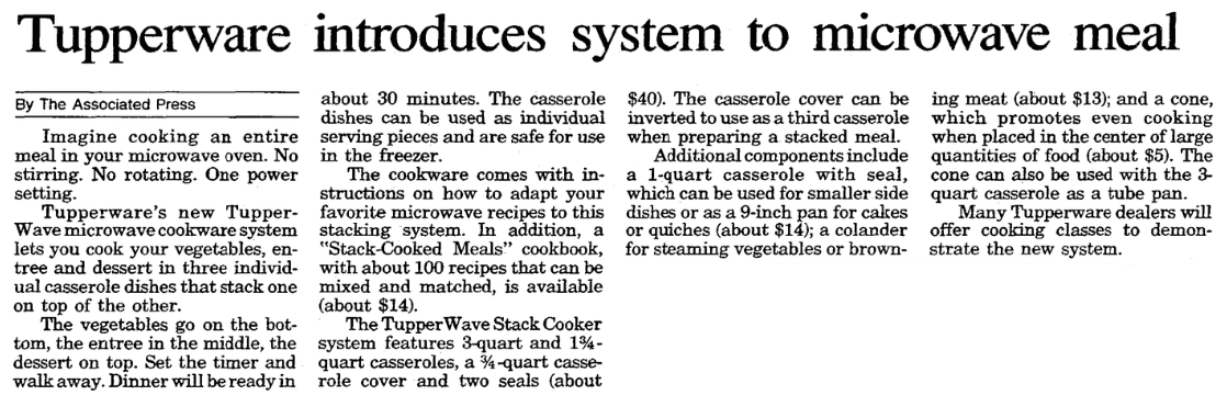 An article about Tupperware for the microwave oven, Evansville Courier and Press newspaper article 5 September 1990