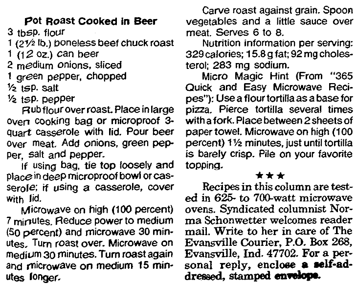 A recipe for cooking a pot roast in a microwave oven, Evansville Courier and Press newspaper article 30 December 1990