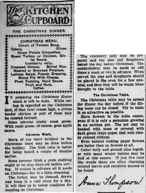 An article about Christmas dinner, Evening News newspaper article 28 December 1911
