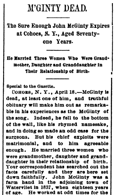 An article about John McGinty, Fort Worth Gazette newspaper article 19 April 1890