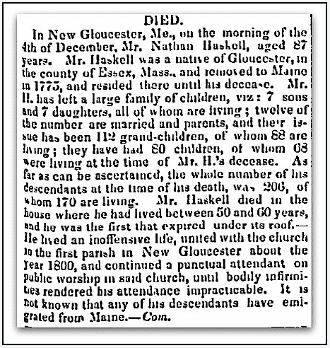 An obituary for Nathan Haskell, Gloucester Telegraph newspaper article 27 March 1841