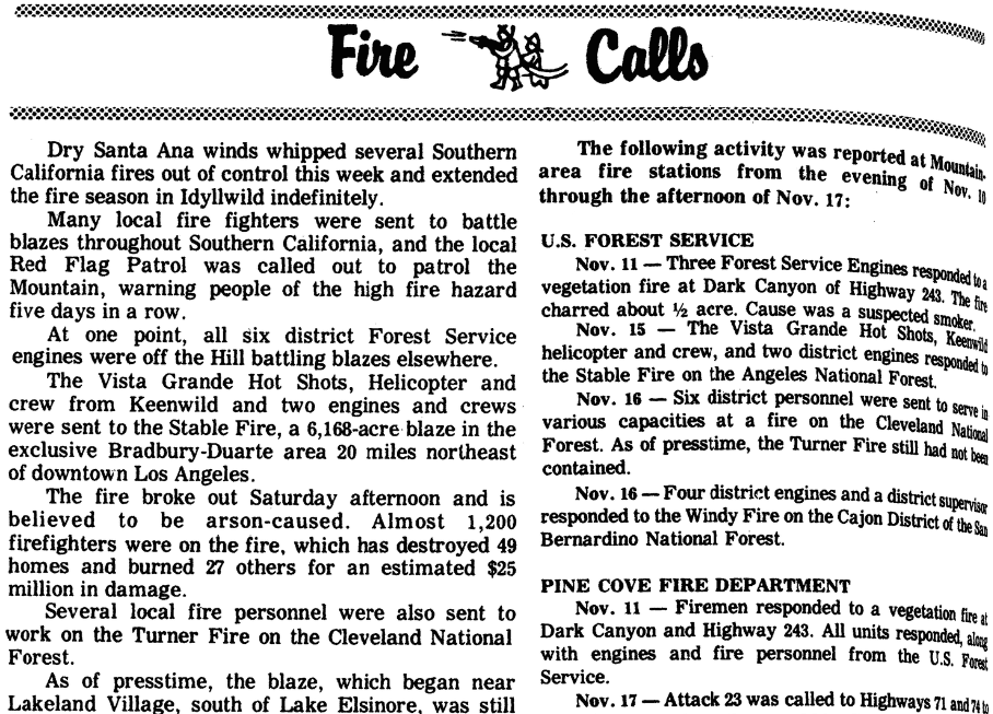 An article about California wildfires, Idyllwild Town Crier newspaper article 20 November 1980