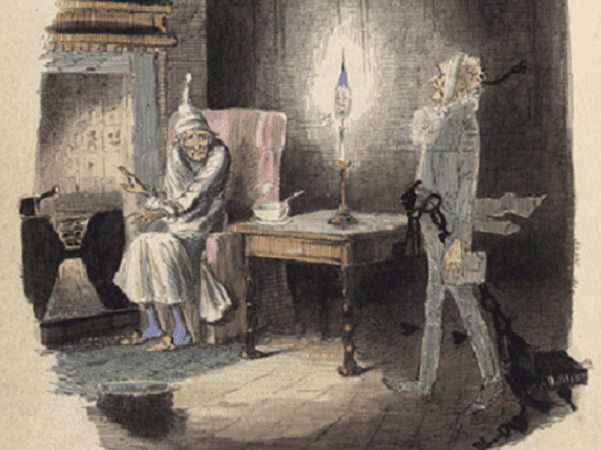 Illustration: Ebenezer Scrooge visited by Marley's ghost. Color illustration from “A Christmas Carol in Prose; Being a Ghost Story of Christmas,” by Charles Dickens, with illustrations by John Leech, 1843. Credit: British Library; Wikimedia Commons.