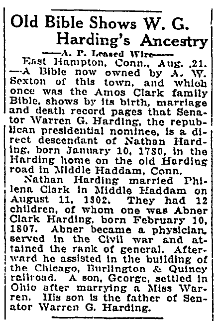 An article about W. G. Harding's ancestry, Jackson News newspaper article 22 August 1920