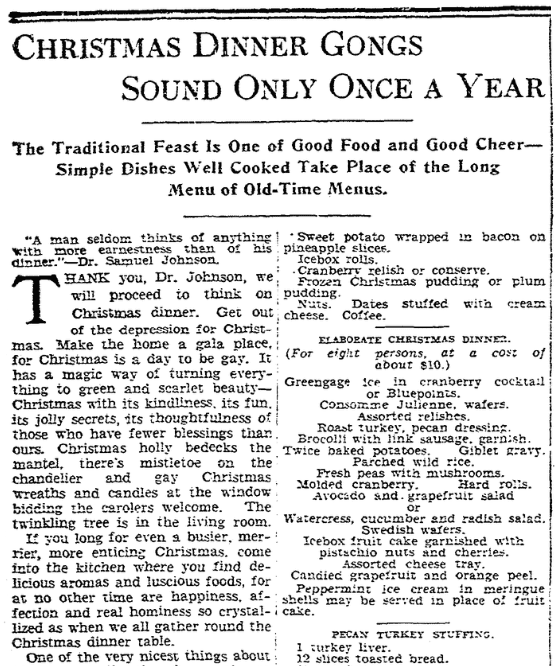 An article about Christmas dinner, Kansas City Star newspaper article 18 December 1932