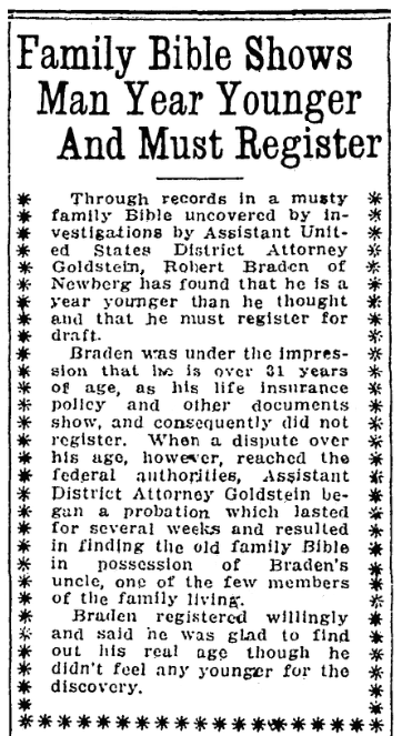 An article about Robert Braden, Oregon Journal newspaper article 30 August 1917