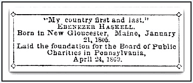 An obituary fore Ebenezer Haskell, Philadelphia Inquirer newspaper article 15 May 1891
