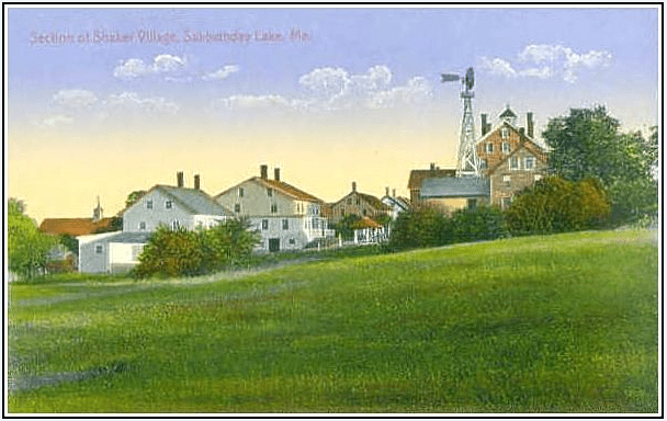 Photo: section of Shaker Village, Sabbathday Lake, Maine, from an old postcard
