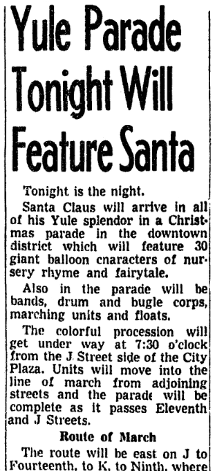 An article about a Christmas parade, Sacramento Bee newspaper article 4 December 1950