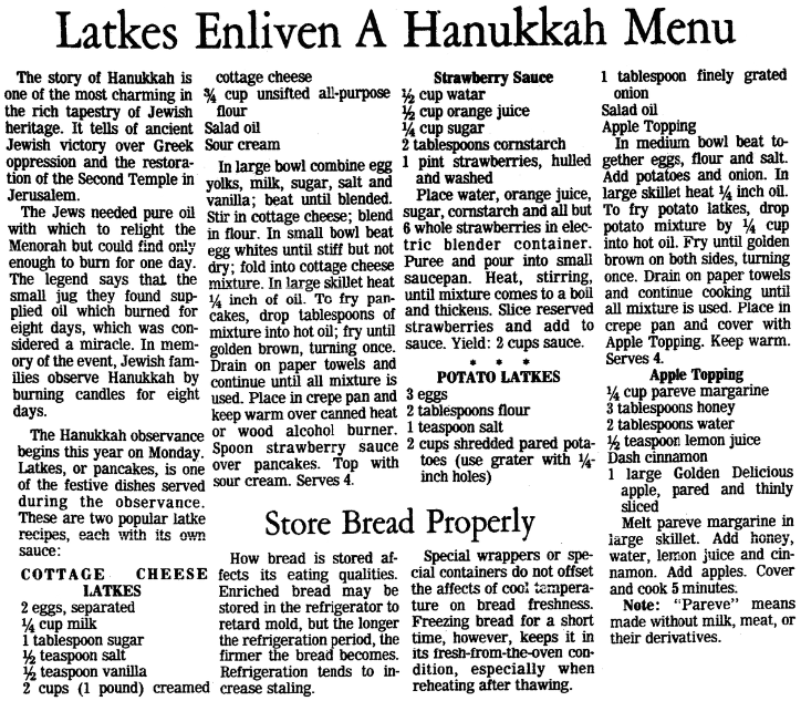 Recipes for Hanukkah latkes, San Diego Union newspaper article 1 December 1977