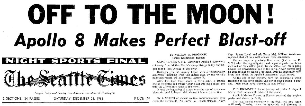 An article about Apollo 8, Seattle Daily Times newspaper article 21 December 1968