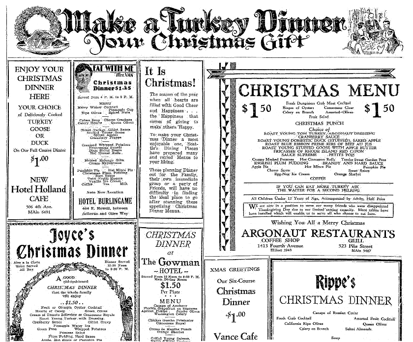 Ads for restaurants' Christmas menus, Seattle Daily Times newspaper advertisements, 24 December 1929
