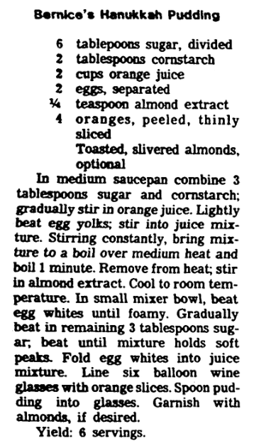 A recipe for Hanukkah pudding, State newspaper article 12 December 1984