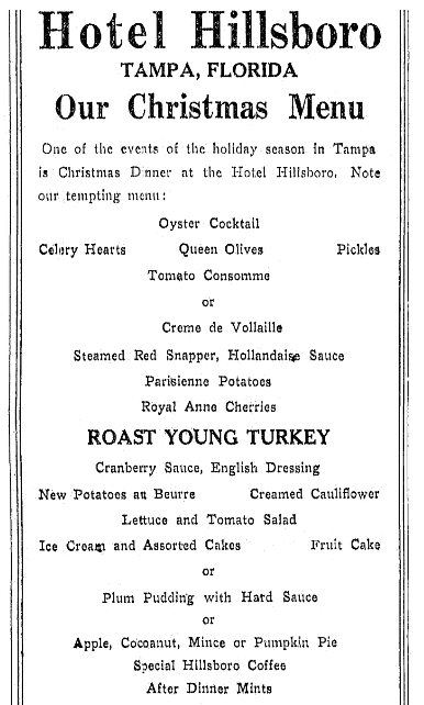 A Christmas menu from Hotel Hillsboro, Tampa Tribune newspaper article 24 December 1924