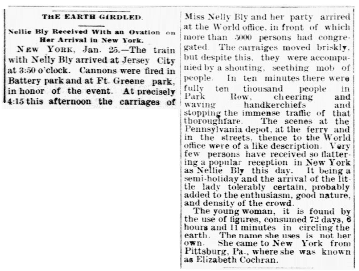 An article about Nellie Bly, Aberdeen Daily News newspaper article 26 January 1890