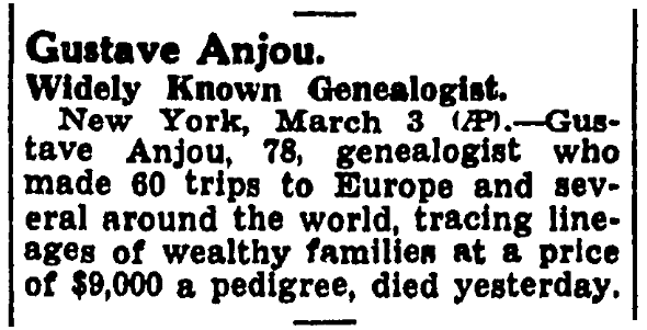 An obituary for Gustave Anjou, Arkansas Gazette newspaper article 4 March 1942