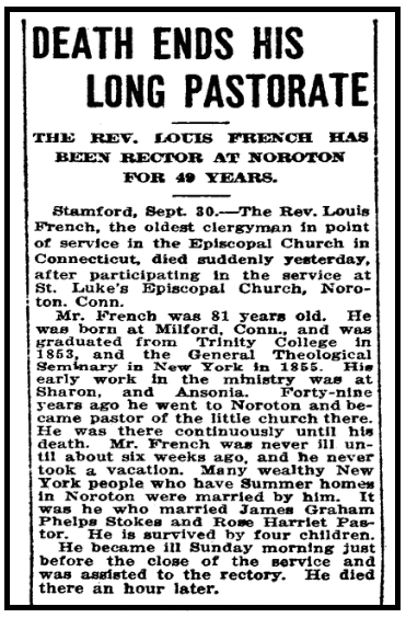 An obituary for Louis French, Bridgeport Evening Farmer newspaper article 30 September 1912