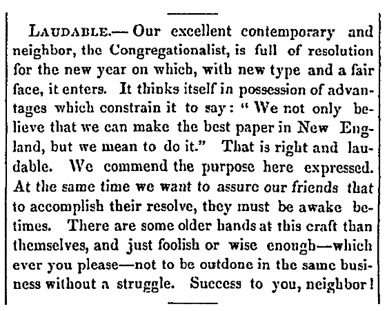 An article about the newspaper the Congregationalist, Christian Watchman newspaper article 12 January 1854