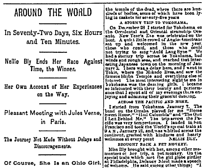 An article about Nellie Bly, Cincinnati Commercial Tribune newspaper article 26 January 1890