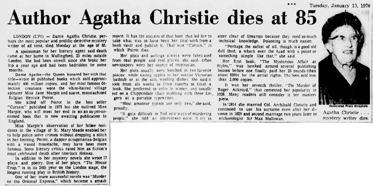 An obituary for Agatha Christie, Dallas Morning News newspaper article 13 January 1976