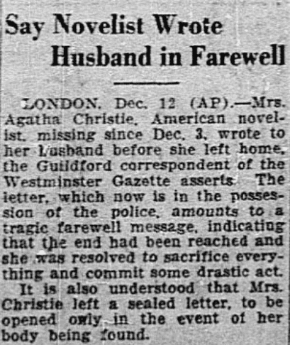 An article about Agatha Christie, Dallas Morning News newspaper article 13 December 1926