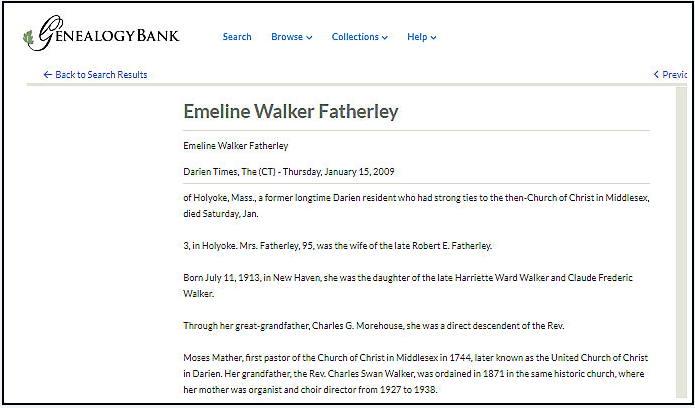 An obituary for Emeline Featherley, Darien Times newspaper article 15 January 2009