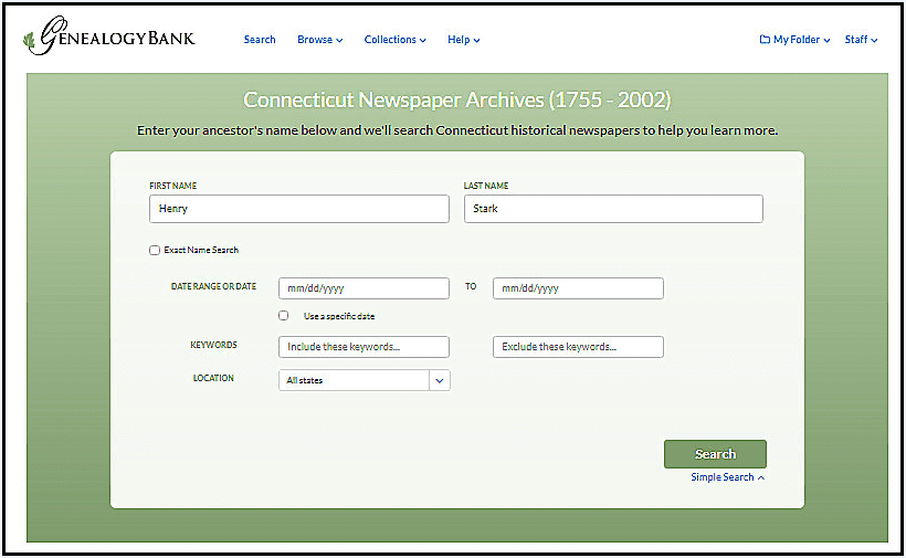 A screenshot of GenealogyBank's search page showing a search for Henry Stark